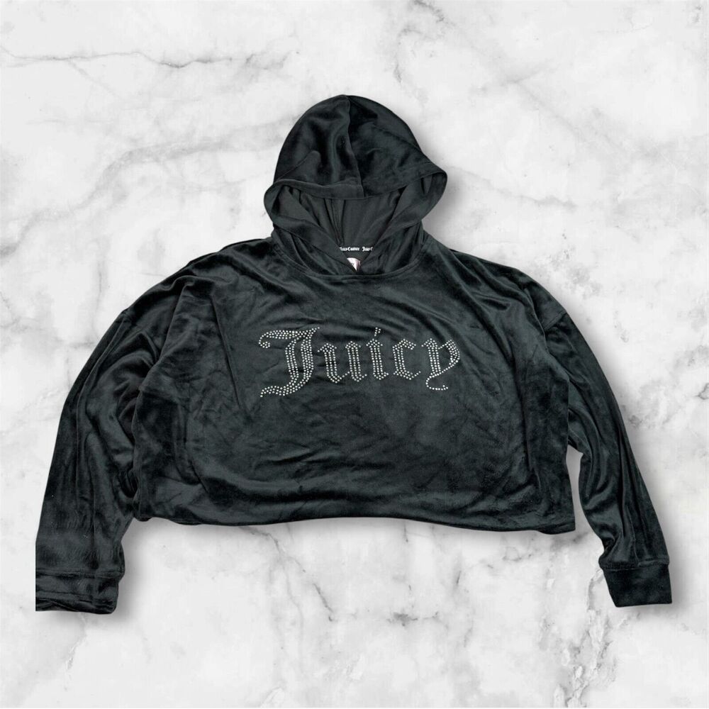 Juicy Couture Velour Hoodie Sweatshirt Cropped Black Women Large Jewel